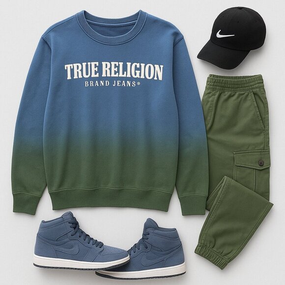 True Religion Federal Blue Ombre Pullover Sweatshirt Size L - Picture 7 of 7